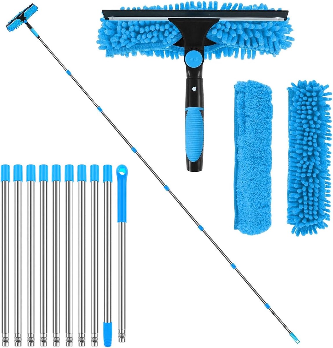 Telescopische raamwisser-trekkerset, 4,5 m, 2-in-1 raamreinigerset met 10 verlengstangen, rubberen wissers en - ShopVlot