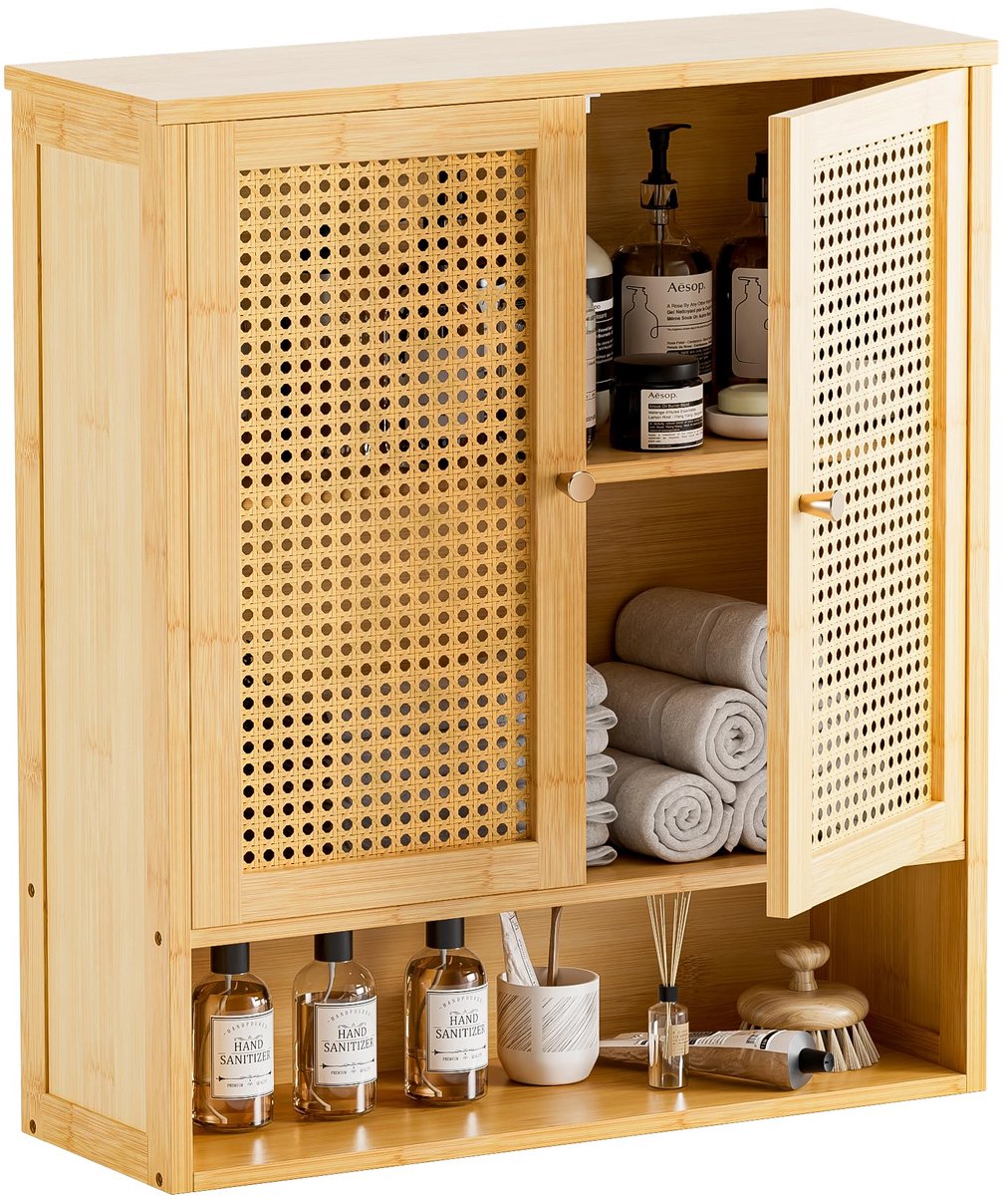 Wandkast met dubbele deuren - Bamboe medicijnkastje - Verstelbare plankjes - Perfect voor boven toilet - ShopVlot