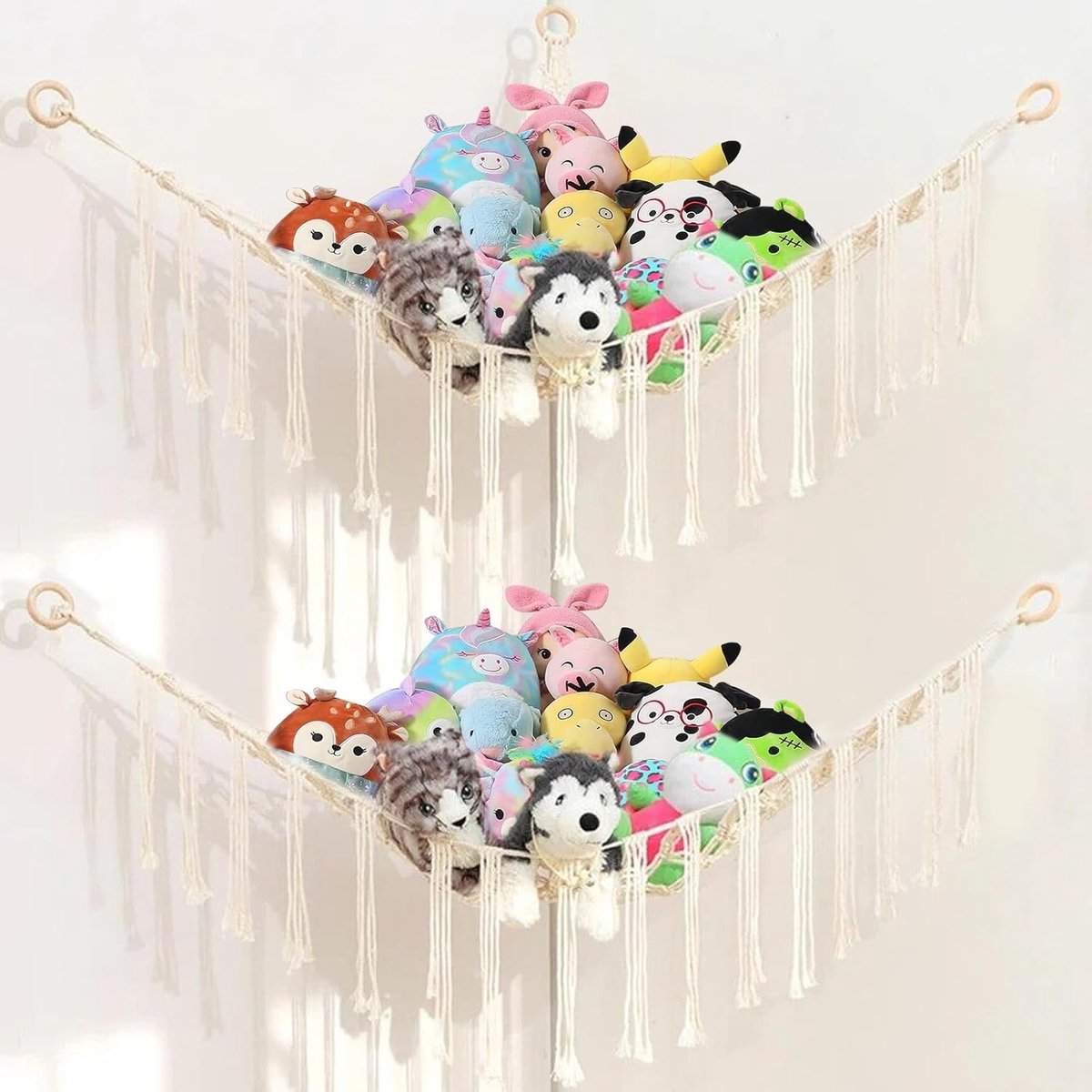 Set van 2 Opbergnetten voor Knuffeldieren, Hoekoplossing, Speelgoed Organizer, Wit, Ruimtebesparend en Decoratief