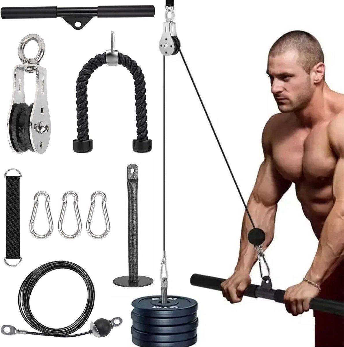 Latzug Pulley Systeem voor Thuisgym, Tricep Touw en Rechte Bar voor Rug- en Armtraining, Ideaal voor Krachttraining en Fitness Workouts