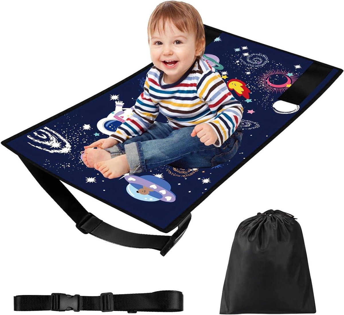 Zitverlenging voor kinderen - Vliegtuigbed kinder - Comfortabel reizen - Draagbaar en opvouwbaar - 77 x 44 cm - Sterrenhemel blauw