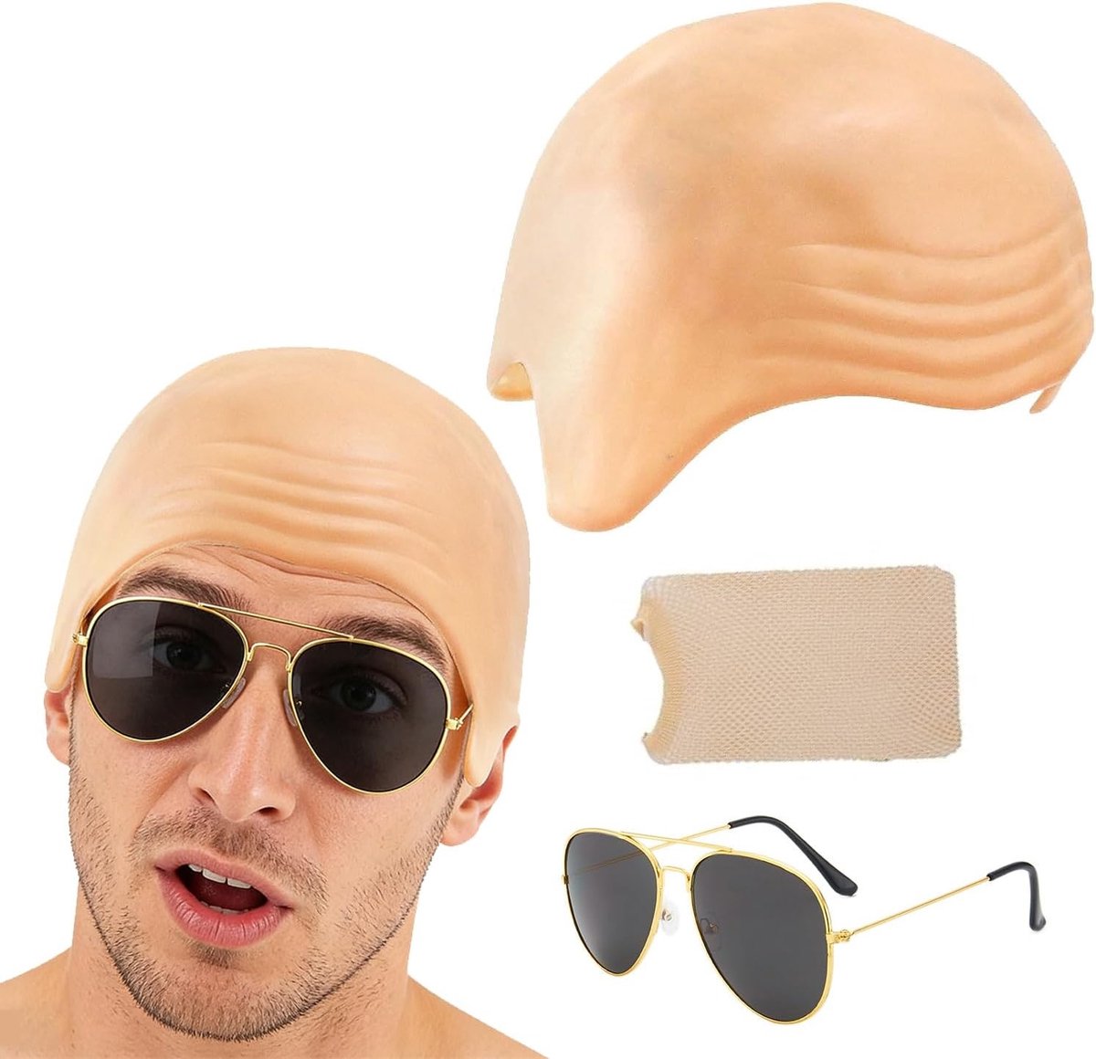 Latex bald cap met zonnebril en elastisch haarnet voor een grappige verkleedlook, ideaal voor feesten en kostuums