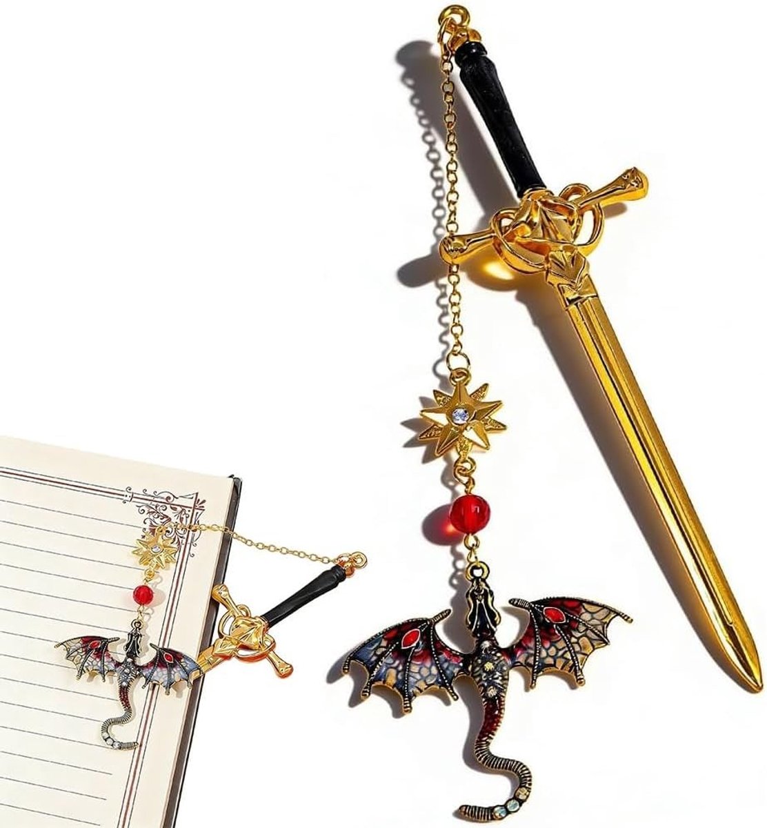 Boekenlegger met draken- en zwaardenthema, perfect als jubileum- of verjaardagscadeau voor boekenliefhebbers en fantasyfans, 15 cm lang, rood