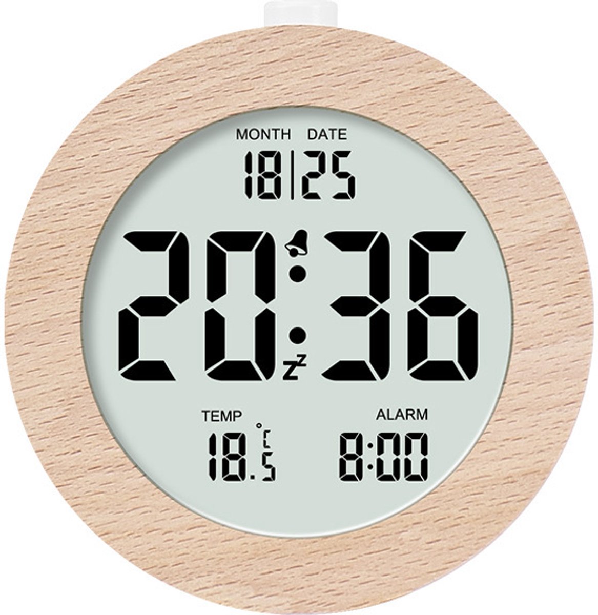 Digitale wekker van hout, LCD-scherm met datum, temperatuur, snooze-functie, achtergrondverlichting, werkt op batterijen [3 AAA-batterijen nodig]