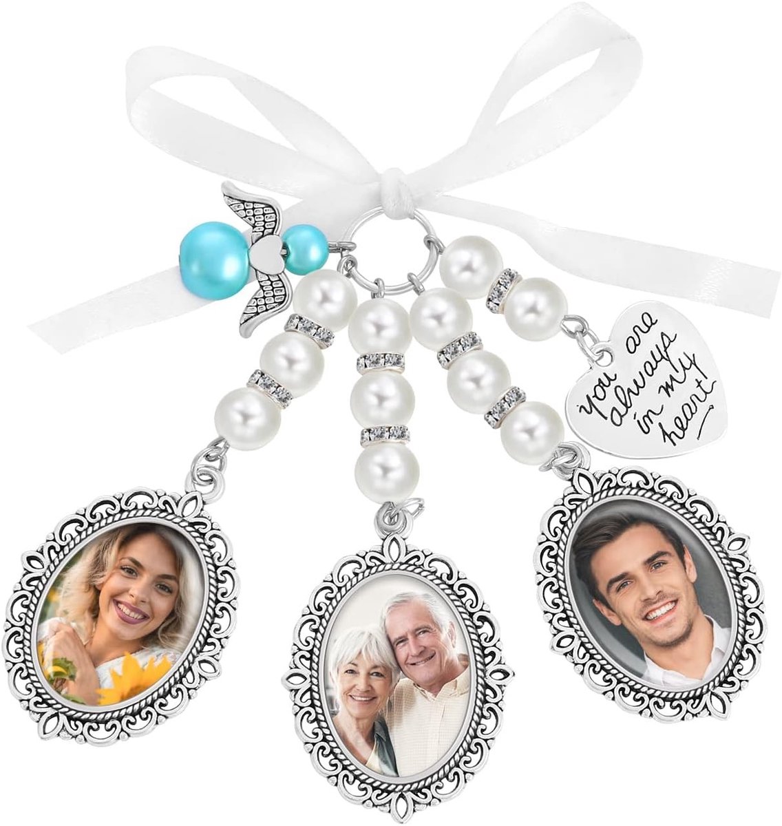 Trouwen met een prachtige boeketfoto charm met 3 fotolijsten voor unieke herinneringen