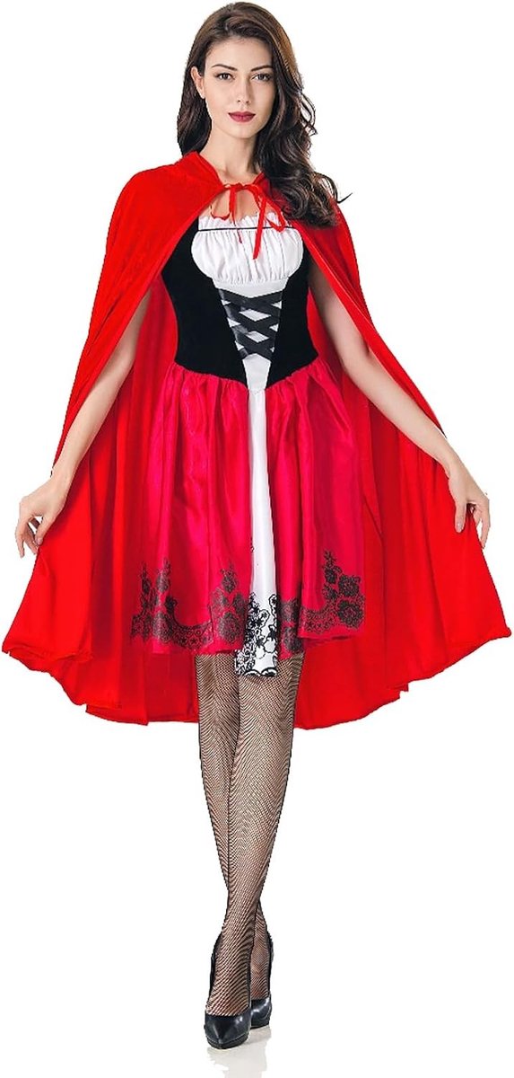 Vrouwelijk Roodkapje Kostuum voor Carnaval en Halloween met Rode Cape en Zwarte Kousen - Sprookjes Cosplay Outfit voor Feestjes en Theatrale Optredens