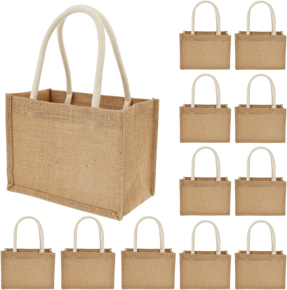 Herbruikbare jute tote bags in 12-pack, ideaal voor boodschappen, strand, picknick en bruiloften