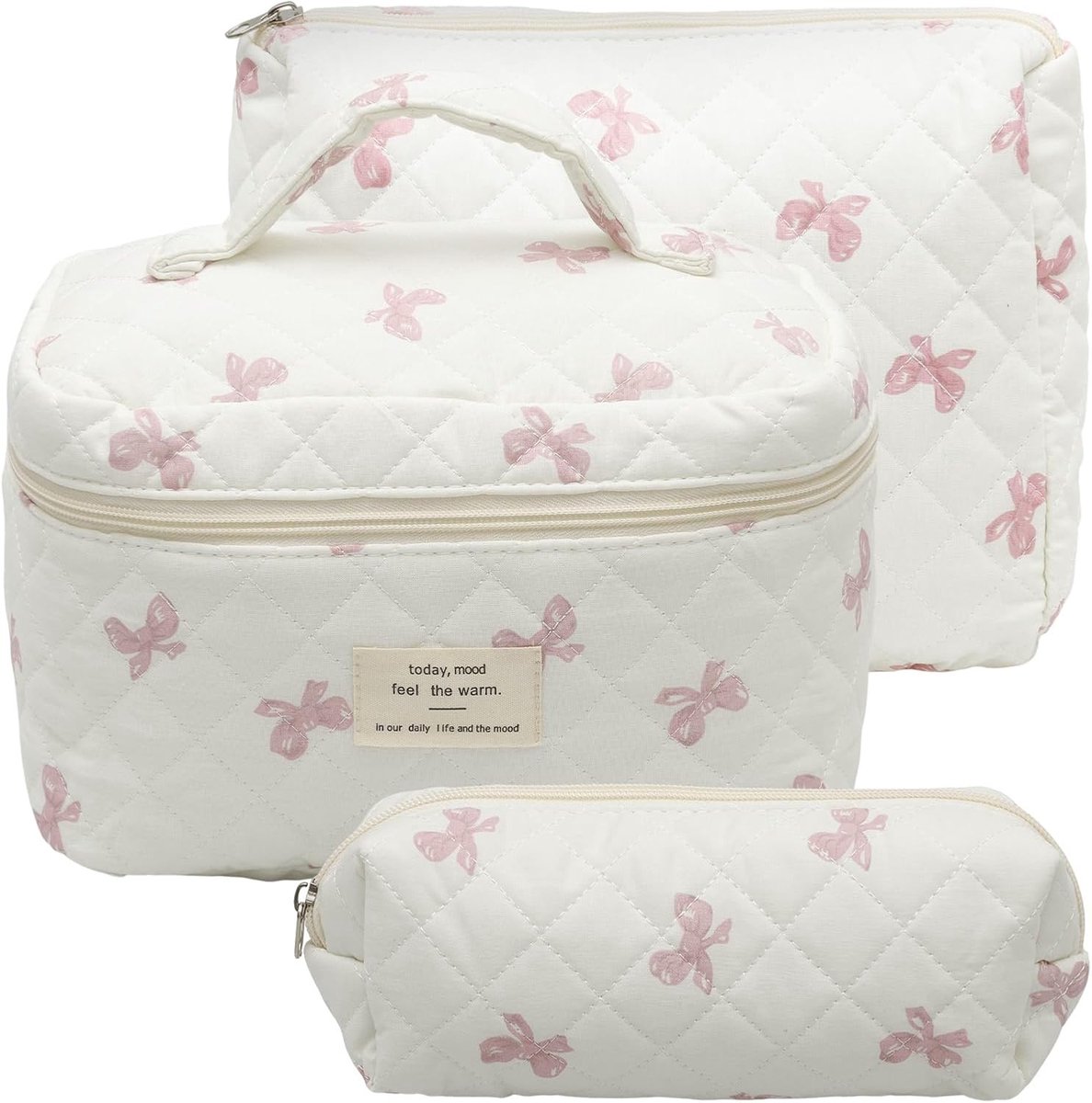 Set van 3 Cosmetica Tassen, Katoenen Make-up Tassen met Handvat en Rits, Draagbare Esthetische Reistas met Bloemenpatroon voor Vrouwen en Meisjes, Perfect voor Reizen en Organiseren