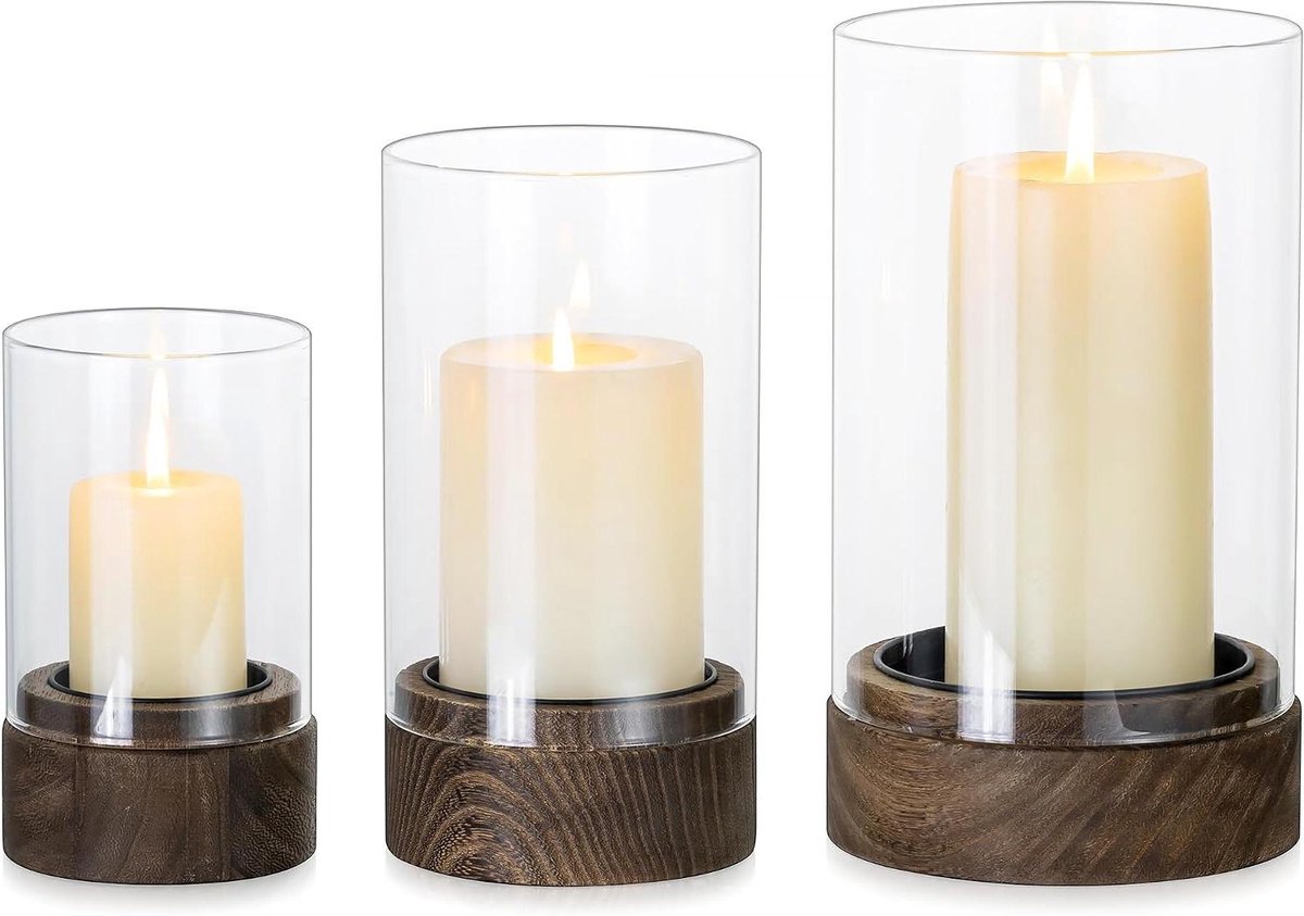 Windlichten glas set - Kaarsen houders - Sfeervol decoreren - Natuurlijk hout - 3 maten - Transparant