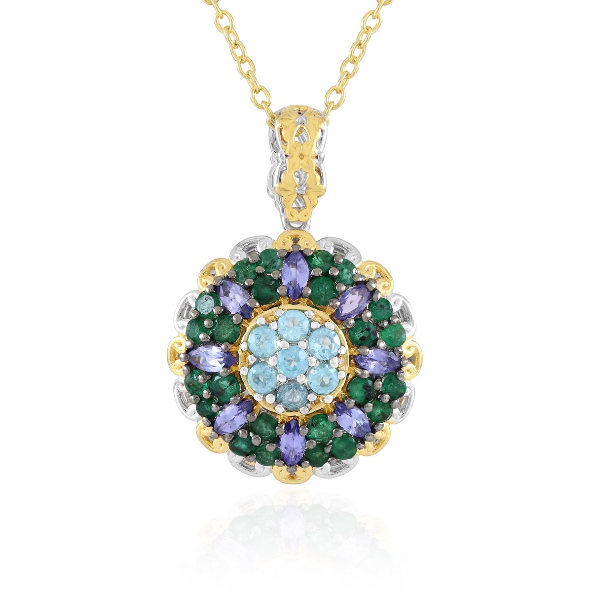 Cavill - 2.07 ct Tanzaniet Marquise & Paraiba Apatiet & Zambia Smaragd - 925 Sterling Zilver Verguld - Elegante Zilveren Halsketting