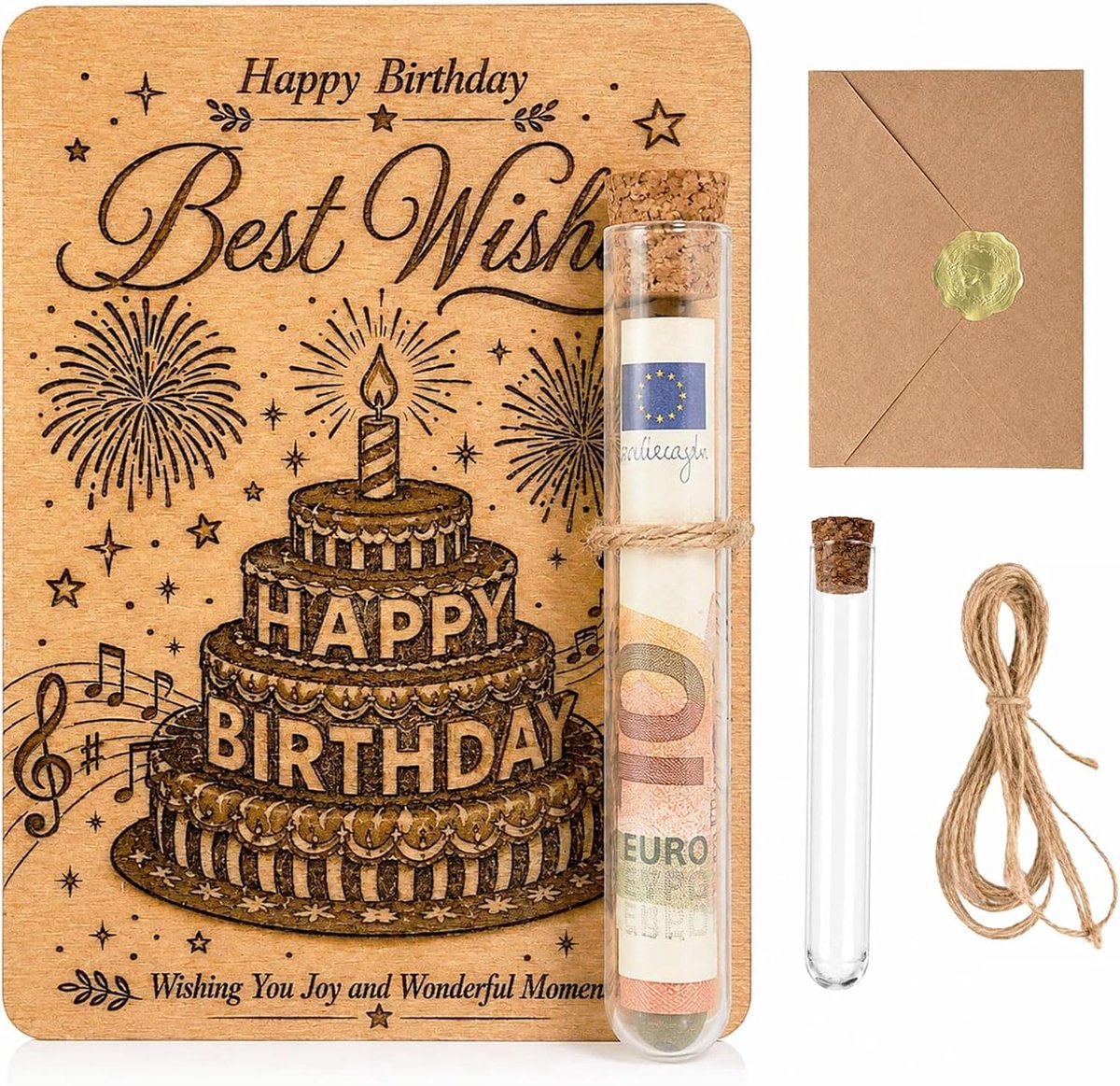 Houten kaart Geldcadeau - Verjaardagskaart Gravure, Envelop Buis Set 13x11cm, Cadeaus voor Vrouwen en Mannen - ShopVlot