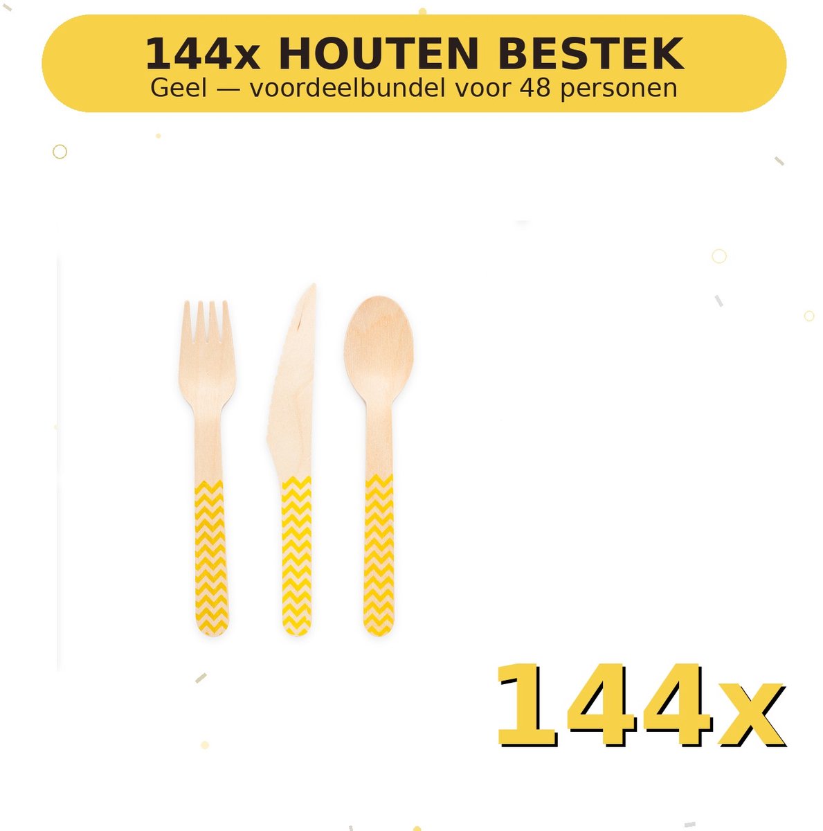 Houten bestek FSC Geel - Voordeelverpakking 144 Stuks voor tot 48 Personen - Feestartikelen