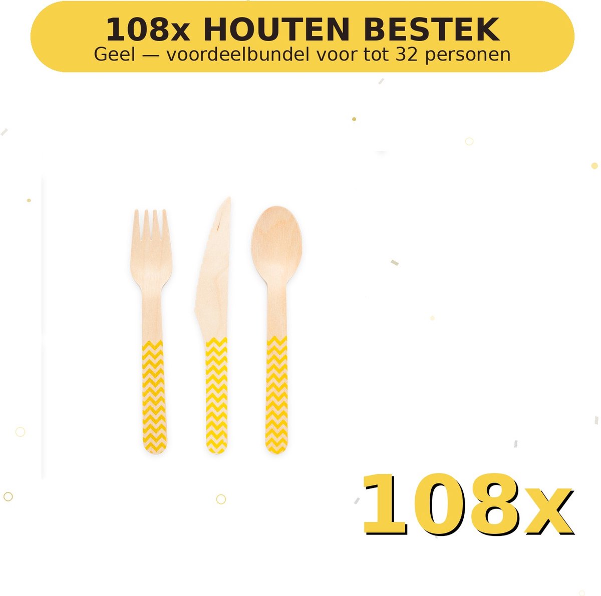Houten bestek FSC Geel - Voordeelverpakking 108 Stuks voor tot 32 Personen - Feestartikelen