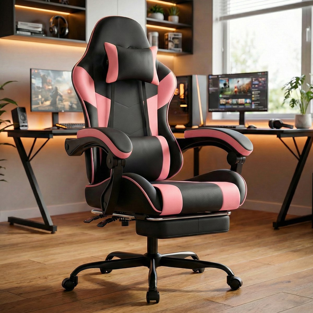 Wishdor Gamingstoel - Ergonomisch met hoofdsteun en lendensteun - Verstelbare rugleuning en zithoogte - PVC kunstleer - Zwart roze - 63 x 73 x 131 cm
