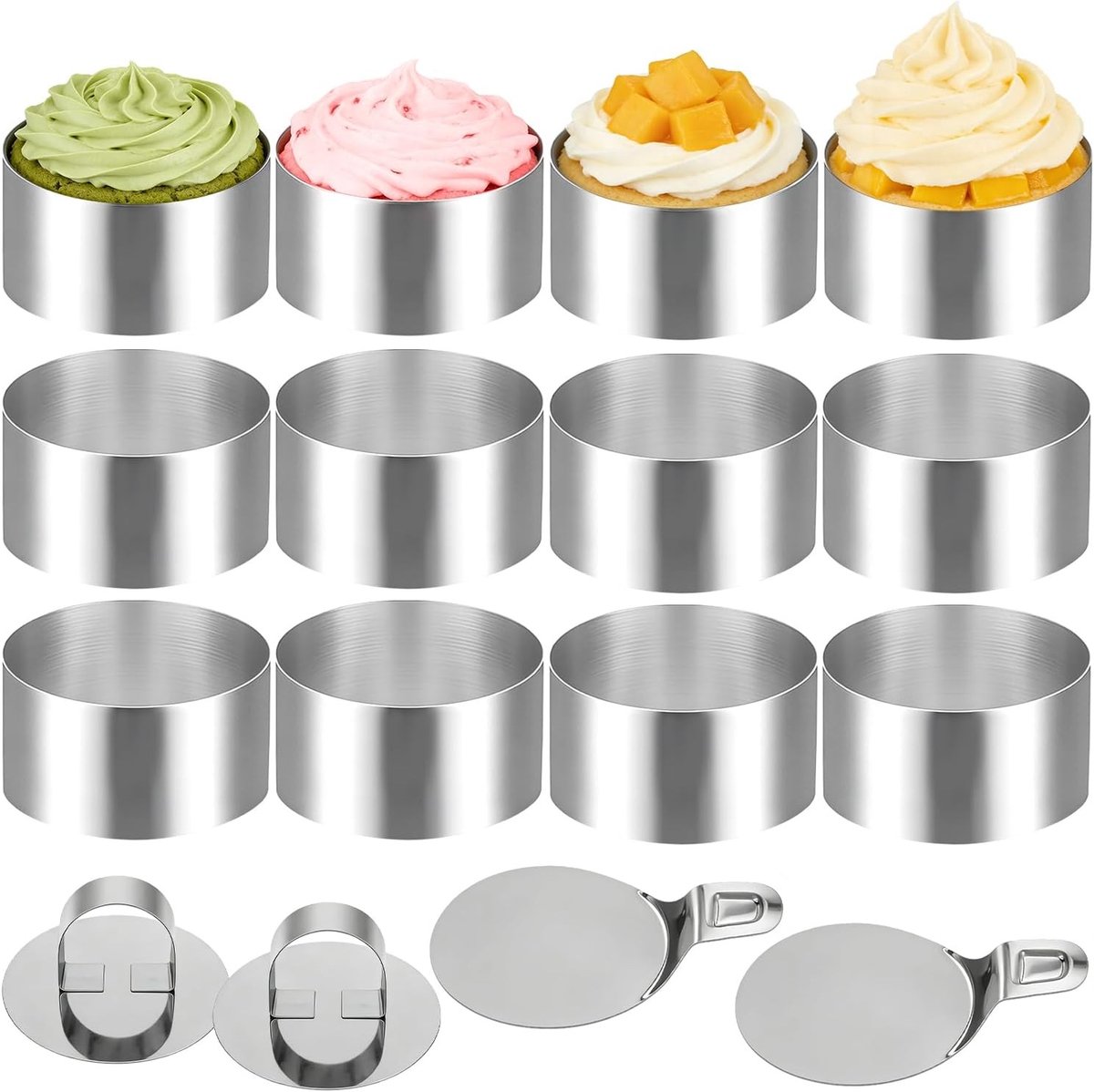 16-delige RVS Dessert Ringen Set, 8 cm Rond voor Moussetaartjes met Deksel en Bodem, Herbruikbaar en Duurzaam, Ideaal voor Bakken en Presentatie
