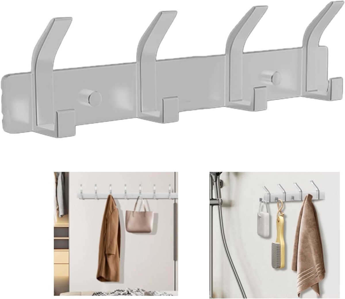 Grijze Kapstokhaak voor Kleding, Badkamer en Keuken - 4 Dubbele Haken voor Efficiënte Opberging