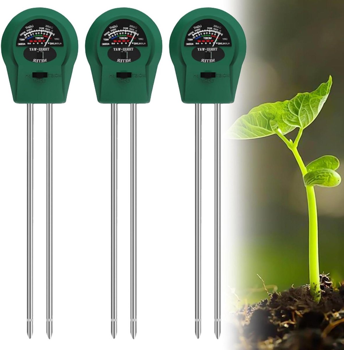 Bodem Tester - Plantenmeter PH - Planten Verzorgen - 3-in-1 Meting - 3 Stuks - Groen