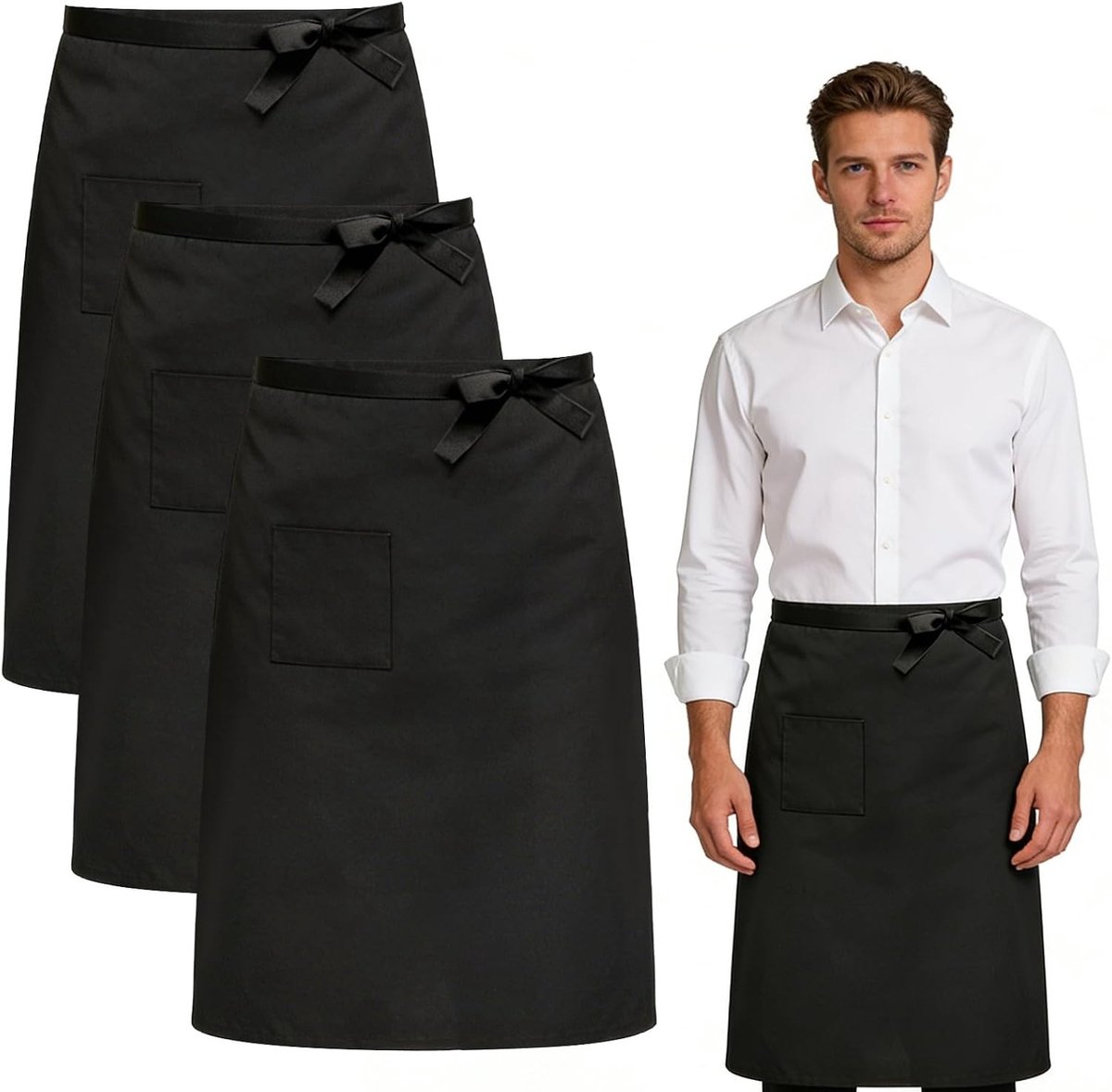Set van 3 Voorgebonden Schorten met Pocket, 68 x 70 cm, Verstelbare Lange Touwen, Keuken- en Restaurant Schorten voor Koks en Bediening