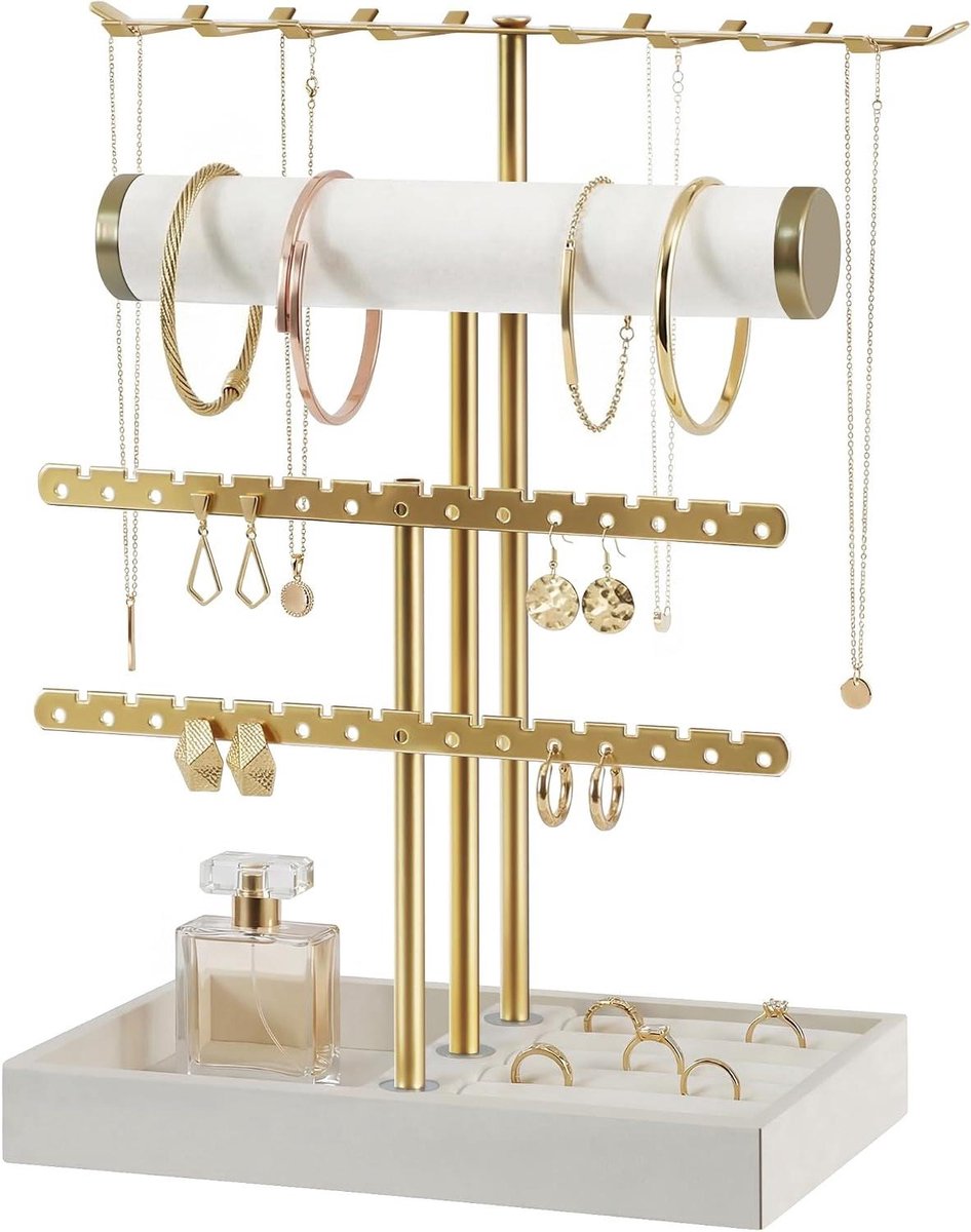 Sieradenstandaard 4 lagen - Sieradenhouder - Sieraden opbergen - Grote capaciteit - N.v.t. - Goud met beige