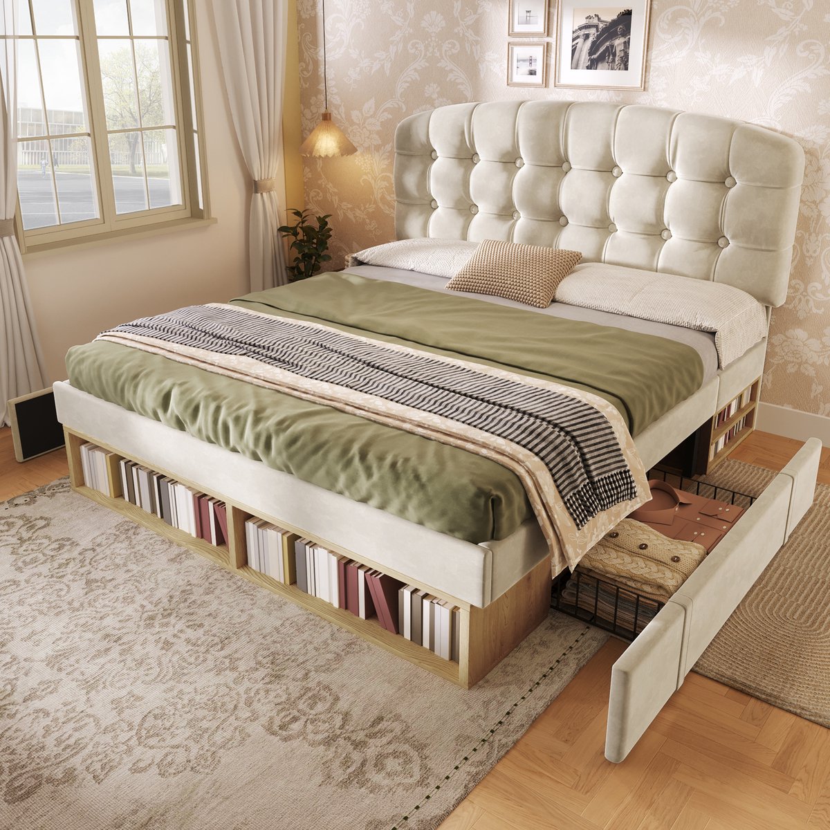 Wishdor Tweepersoonsbed 140x200 cm - Verstelbaar hoofdbord - Met lattenbodem, laden en open opbergvakken - Gebogen design - Fluwelen stof - Beige - 207 x 151 x 110-120 cm