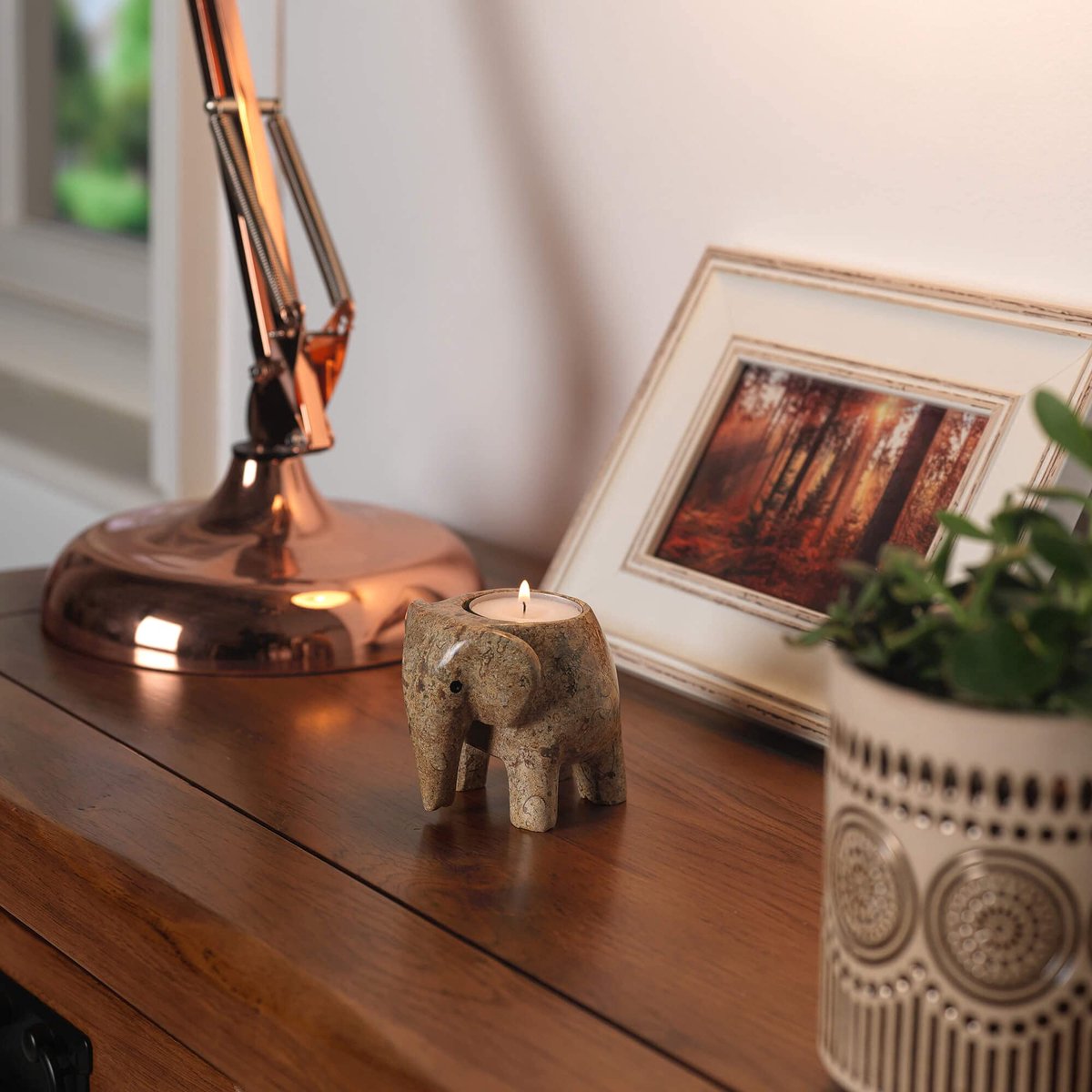 Theelichthouder olifant - Himalaya marmer - Fossielsteen - Sfeervolle decoratie - ShopVlot
