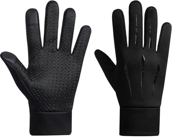 Ensemble de gants noirs, l'un avec texture antidérapante sur la paume, l'autre avec des rayures argentées sur le dessus.