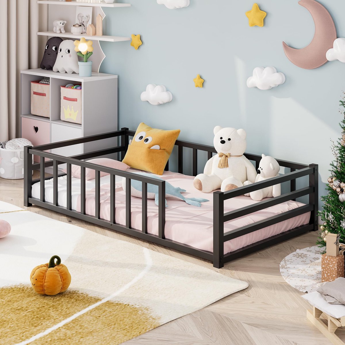 Montessori kinderbed 90×200 - zwart - met valbescherming - veilig slapen voor kinderen - ShopVlot
