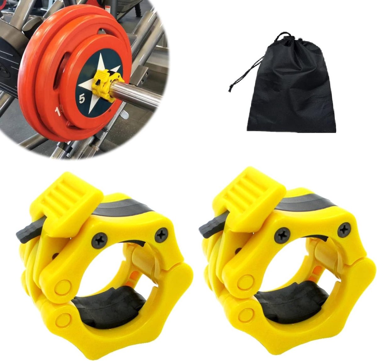 Olympische Barbell Klemmen voor Gewichtheffen, Snelle Ontgrendelingsclips voor Standaard Gewichten, Ideaal voor Fitness en Bodybuilding - Geel