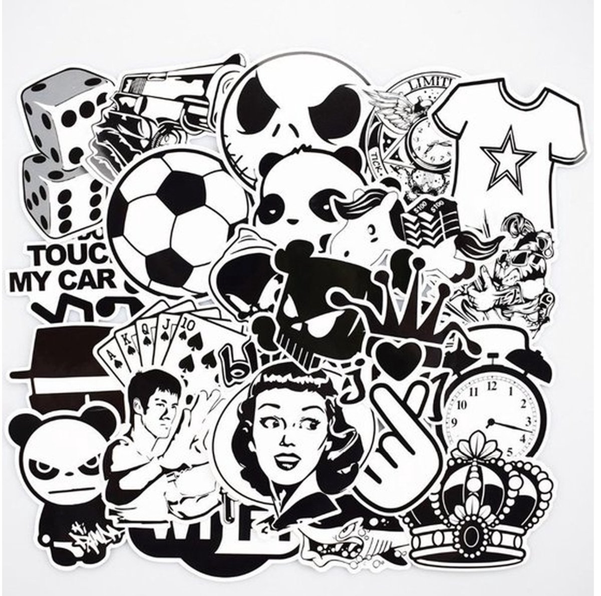100 Zwart-Wit Stickers – Grafische Stickerbomb Mix