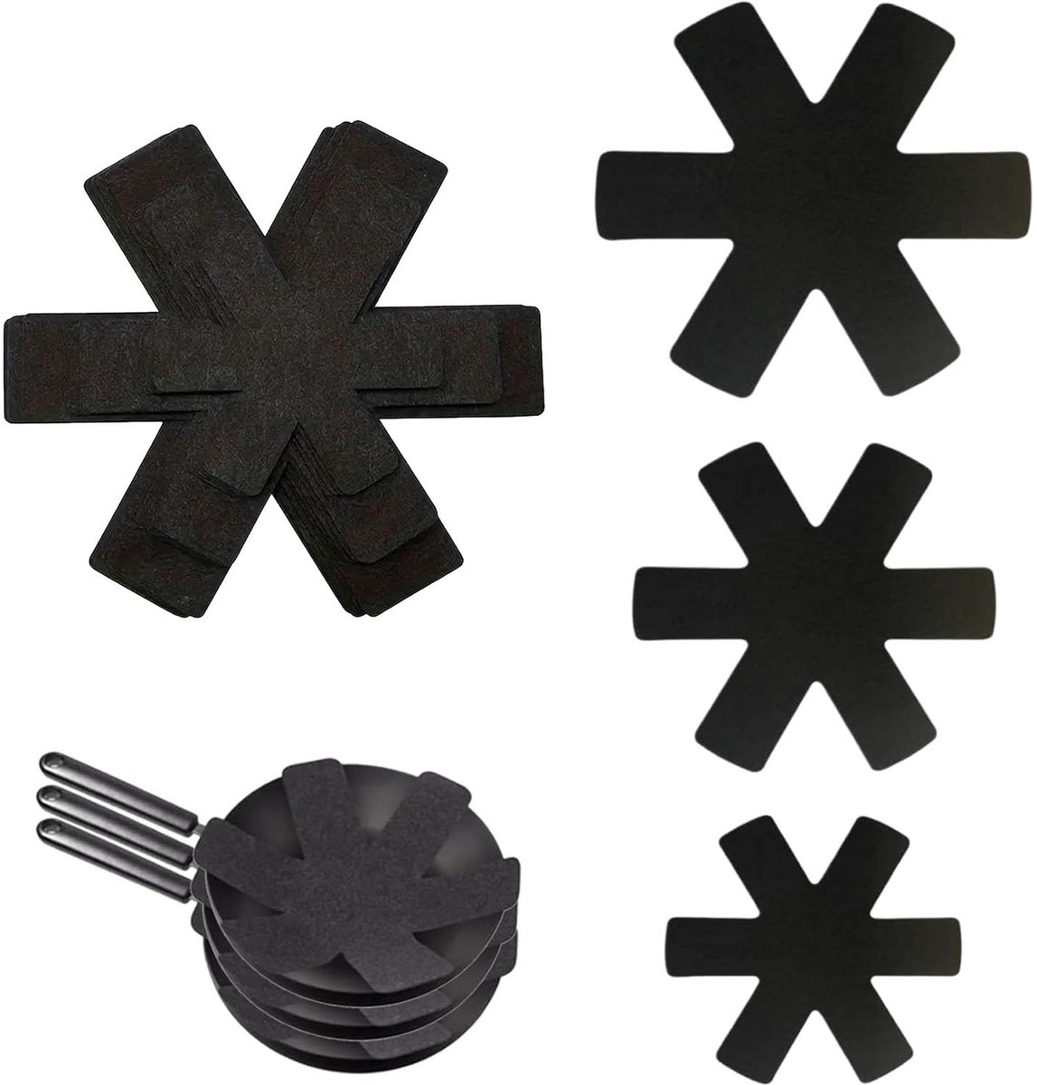 Pannenbeschermers 6-delige set - 3 maten zwart - stapelbaar - beschermt pannen tegen krassen - ShopVlot