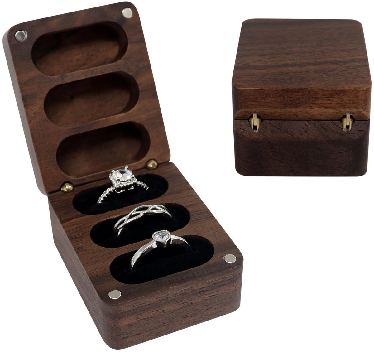 Ringendoos - 3 sleuven - vintage hout - sieradenorganizer voor huwelijksaanzoek - ShopVlot