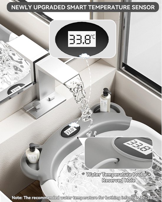 Opvouwbaar babybad met temperatuurweergave - roze - inklapbare badkuip - antislip reisdouche - Luxento — afbeelding 5