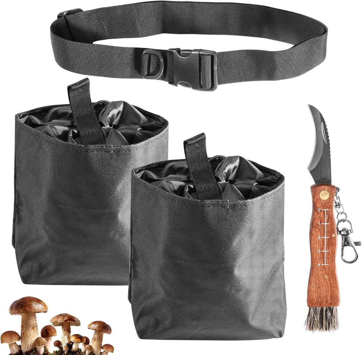 Paddenstoeljachttas set met 4 stuks: paddenstoelmes, borstel, liniaal en grote verzamel tas voor paddenstoelenliefhebbers