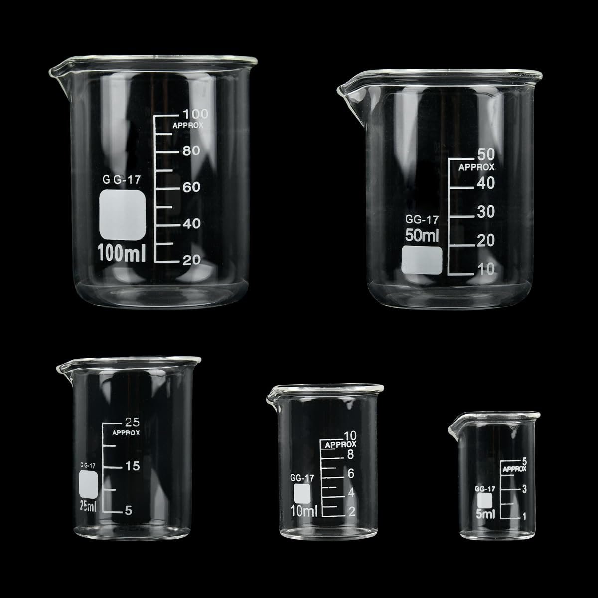 Bekerglas maatbeker set - 5 ml 10 ml 25 ml 50 ml 100 ml - glazen bekerglazen met schenktuit - ShopVlot