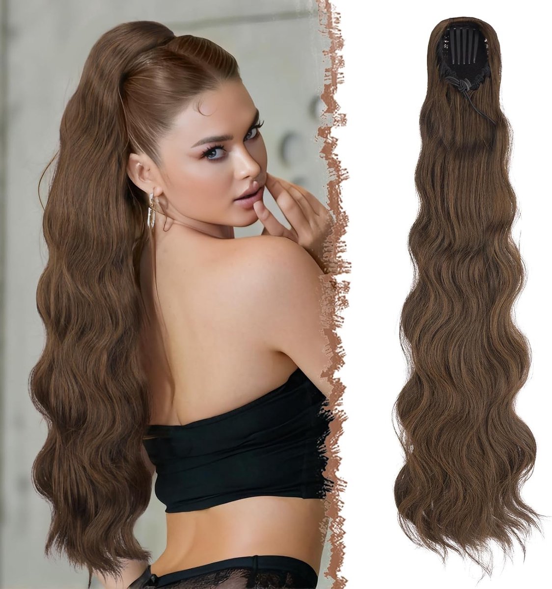 Natuurlijke Lange Ponytail Haarstuk met Trekkoord, 75 cm, Donkerbruin en Roodbruin, Ideaal voor Vrouwen, Perfect voor Feestjes en Dagelijks Gebruik