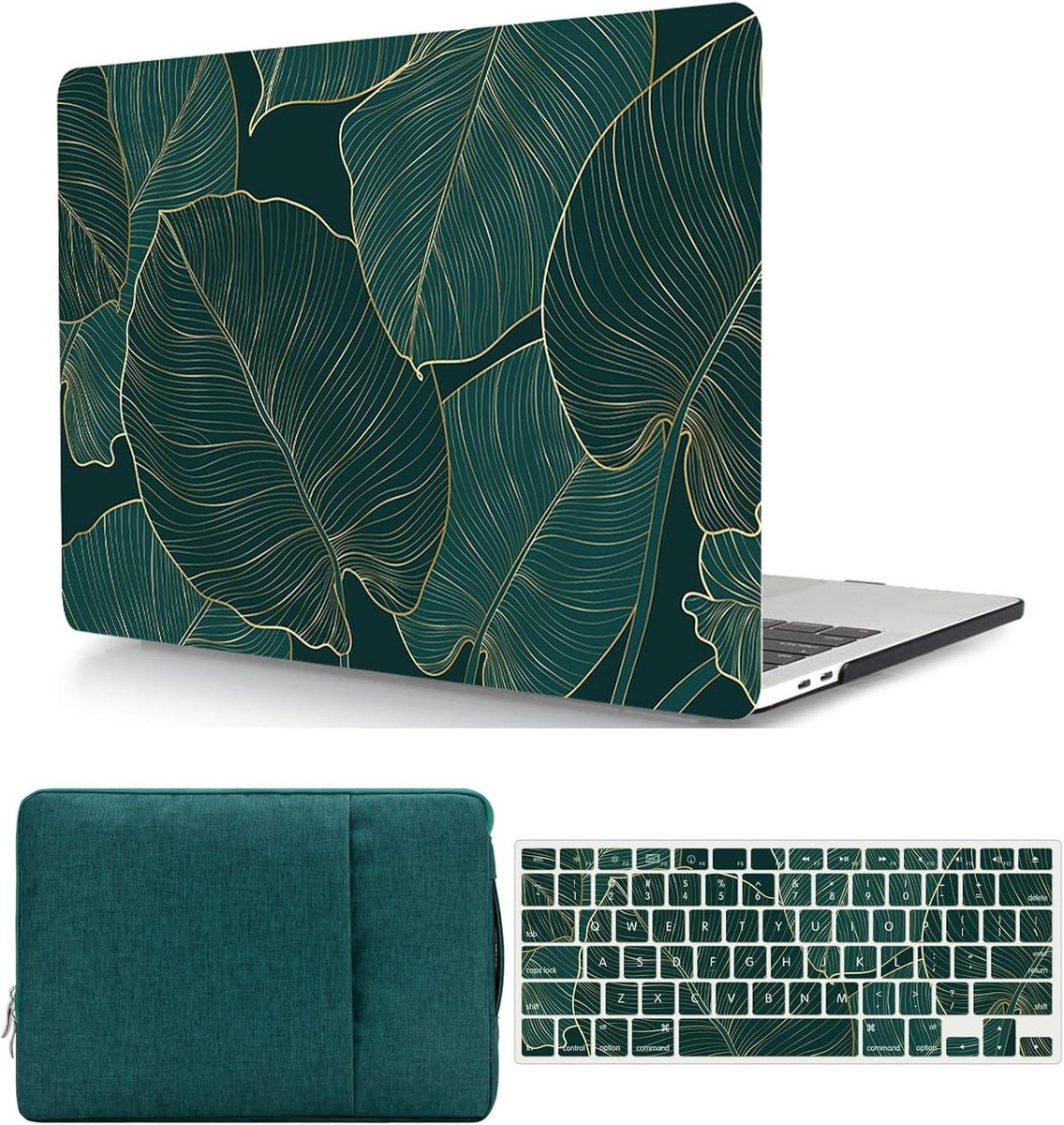Beschermende Harde Case voor MacBook Air 13.6 inch met Toetsenbordhoes en Sleeve, Groene Bladeren Design, Geschikt voor Liquid Retina en Touch ID