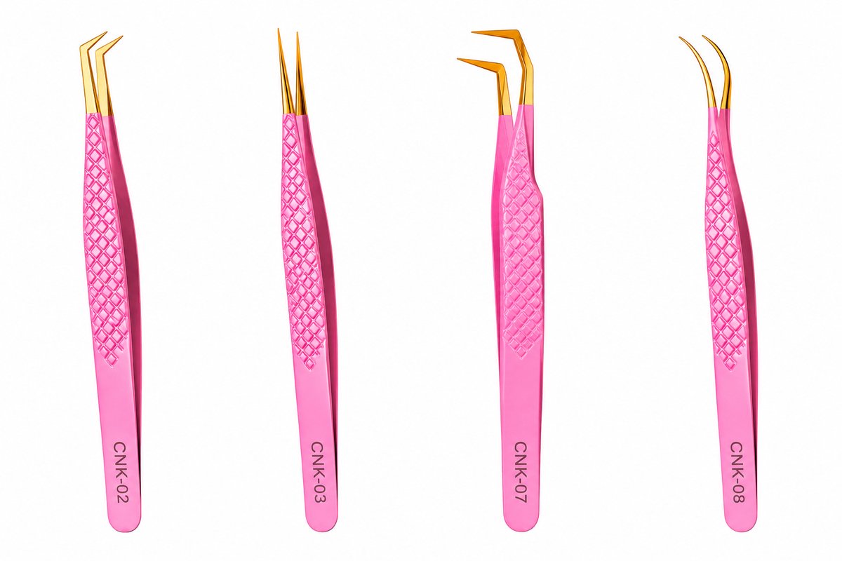 Wimper Pincetten Set 4-Delig – Professionele Lash Pincetten voor Russian Volume – Isolatie & Volume – Roze/Goud