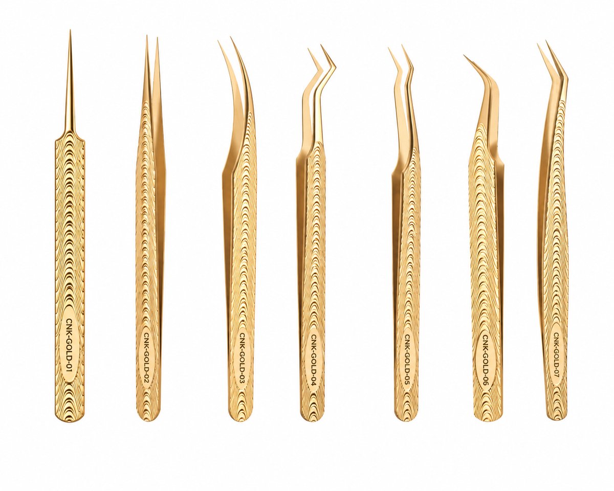 CNK Gold Collection – 7-Delige Professionele Pincettenset voor Wimperextensions – One by One, Hybrid & Russian Volume – Lash Tweezers – Goud