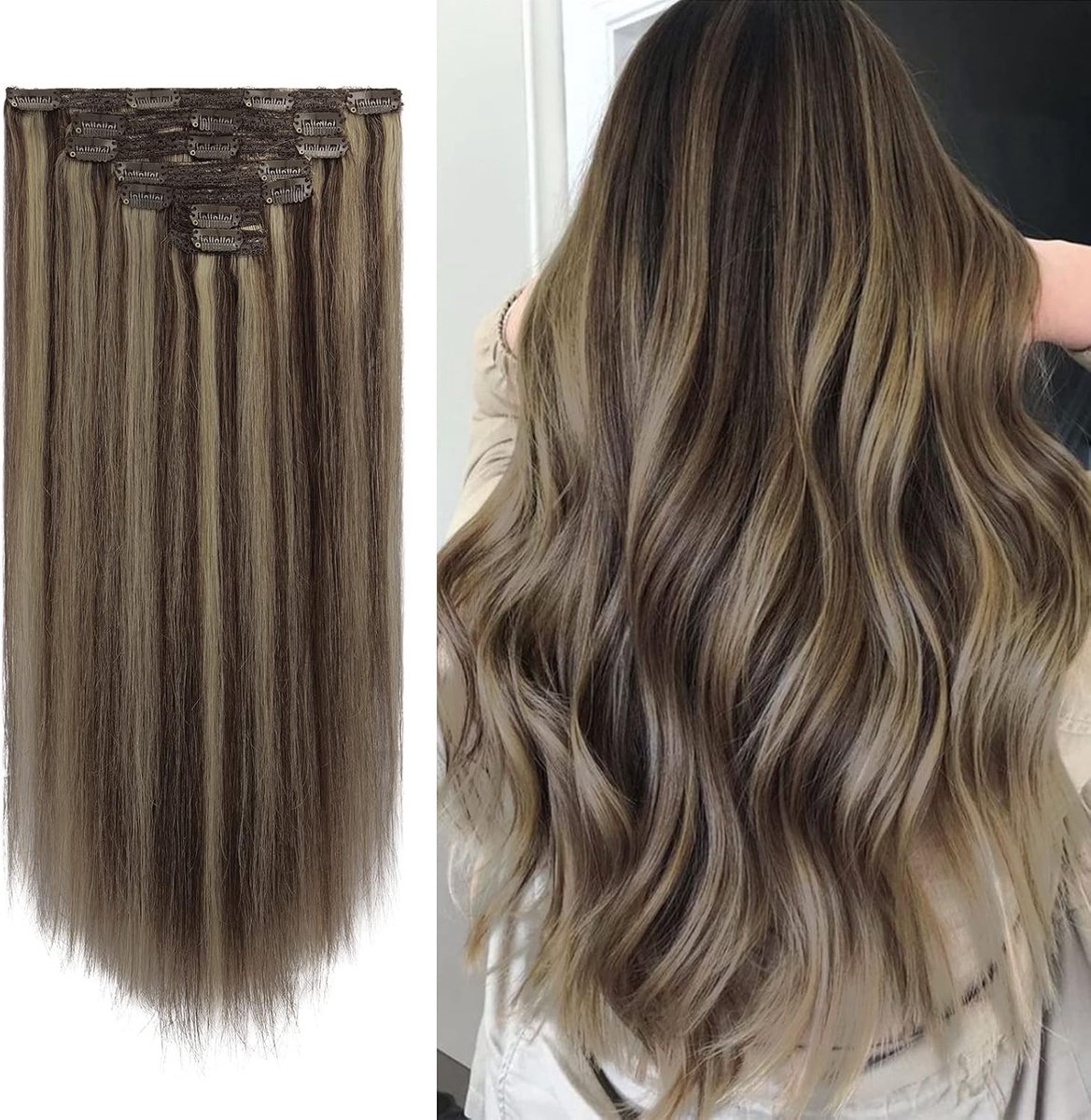 Clip-in Extensions van 100% Remy Haar, 60cm, 130g, Lichtblond en Chocoladebruin - Natuurlijke Haardikte en Gemakkelijk aan te Brengen