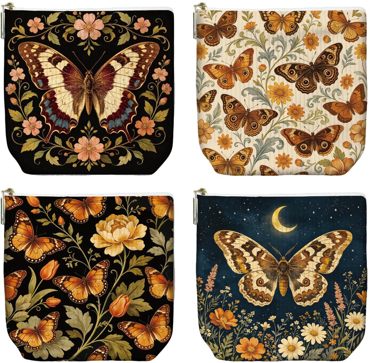 Make-uptasje set van 4 stuks - schattige mini-reistas - vintage vlinder- en bloemenclusters - ideaal voor onderweg - ShopVlot