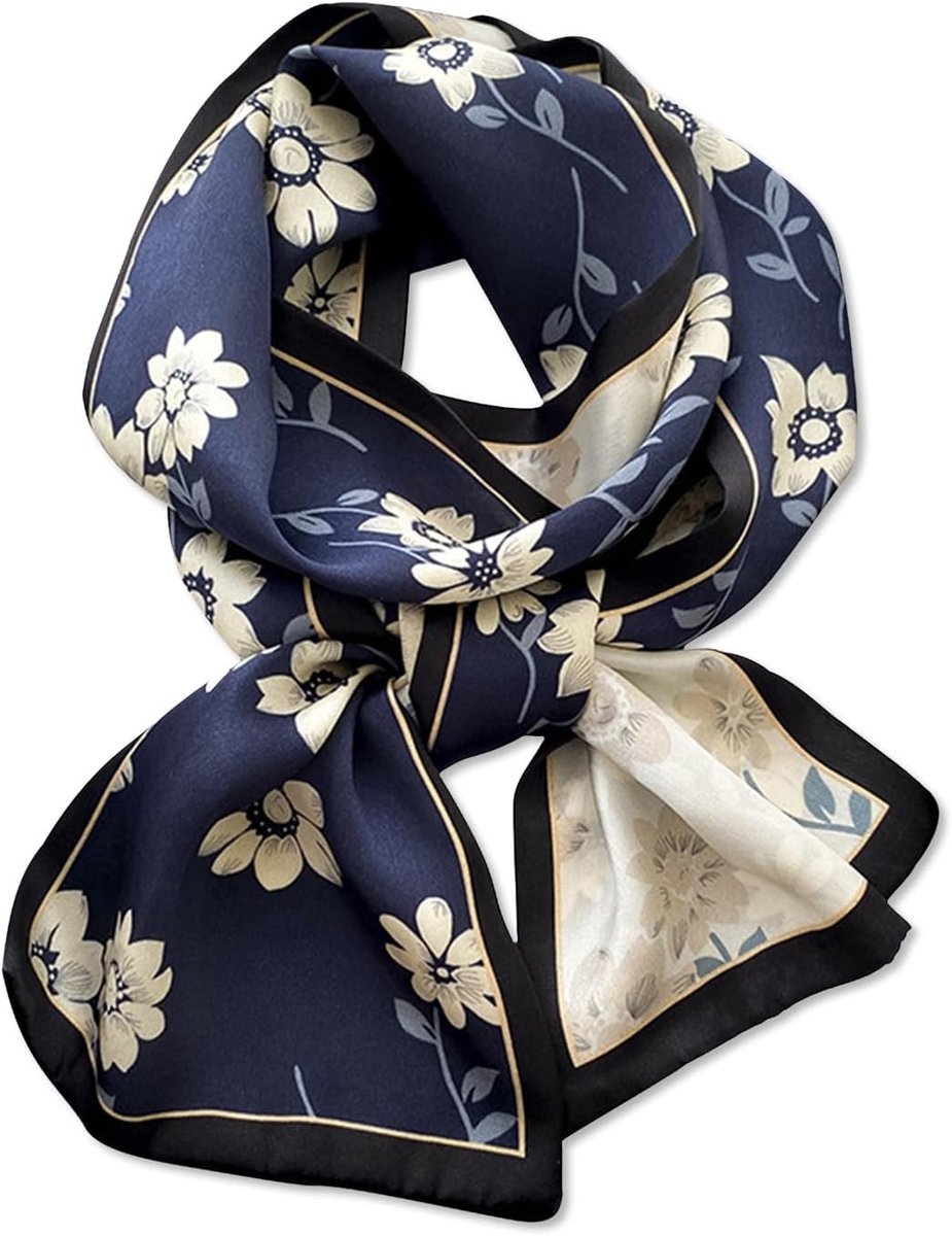 Dunne zijden sjaal voor dames met bloemen- en bladdessin, lichtgewicht nekdoek en haarband in marineblauw