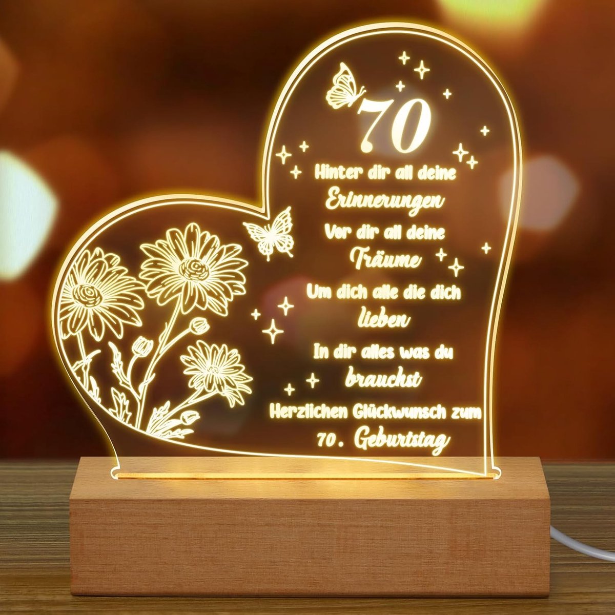 Acryl Nachtlampje Gegraveerd voor 70e Verjaardag - Unieke Cadeau-ideeën voor Vrouwen en Mannen, Perfect voor Moeder, Echtgenoot en Vrienden