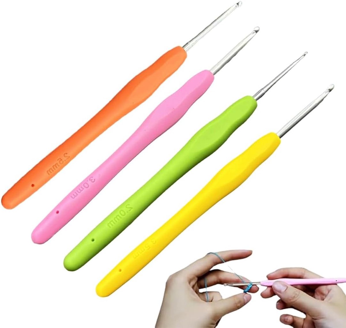 Set van 4 Haaknaalden 2mm 2.5mm 3mm 3.5mm van Metaal met TPR Handvat voor Haken van Sjaals, Truien en Mutsen