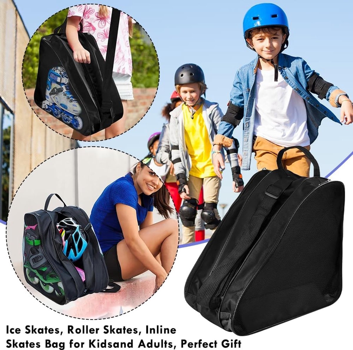 Verstelbare Skate Tas voor Kinderen en Volwassenen, Ideaal voor Inline Skaten en IJs Schaatsen, Met Draagriem en Ruimte voor Ski Boots