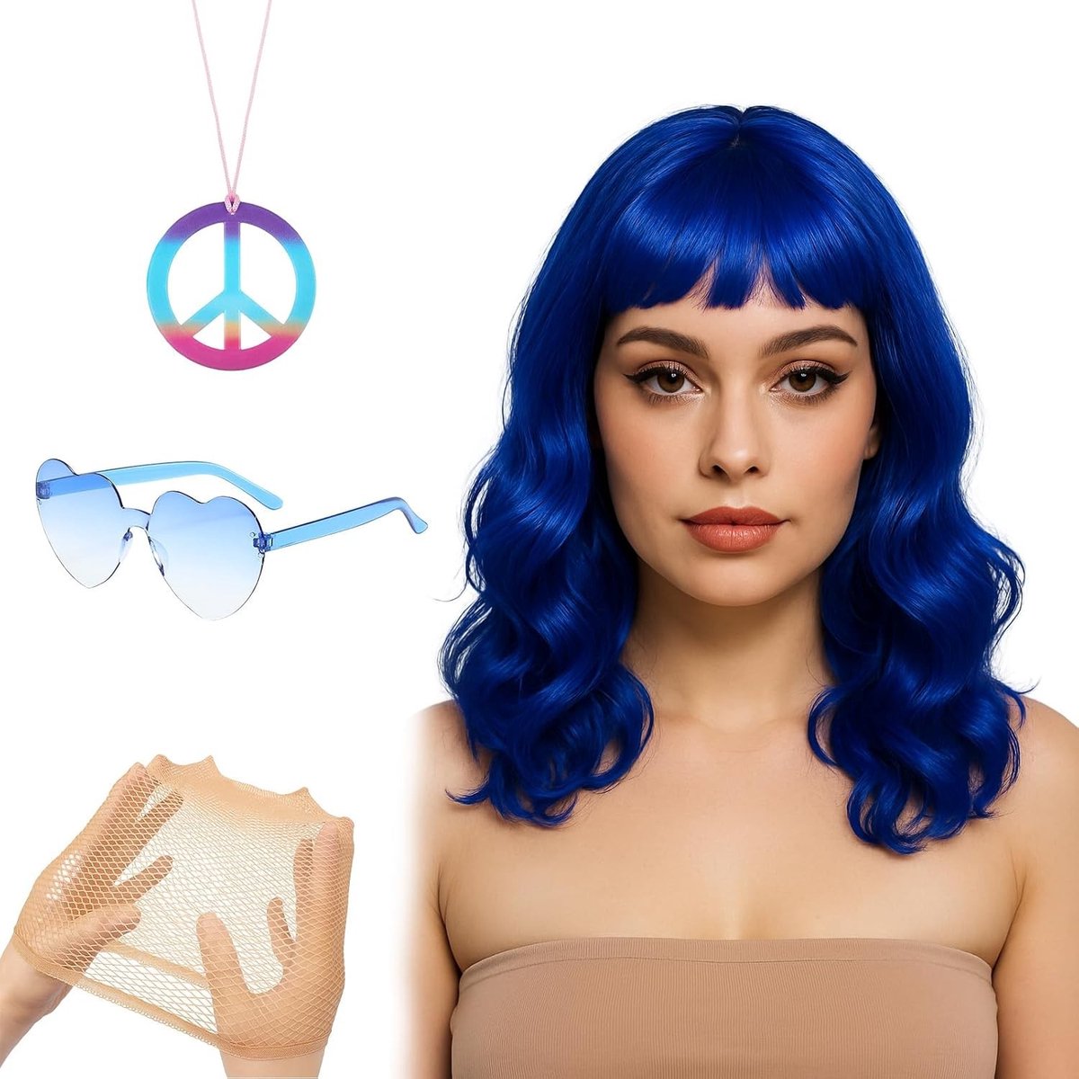 Korte Blauwe Bob Perücke voor Vrouwen met Hartvormige Bril en Accessoires voor Carnaval en Halloween Feestjes