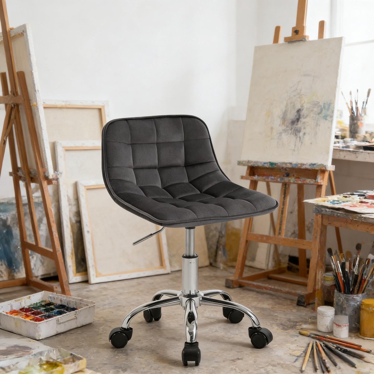 Wishdor Bureaustoel draaibaar en in hoogte verstelbaar - Zonder armleuningen - Met wielen - Velours - Donkergrijs - 43 x 60-87,5 x 35,5 cm