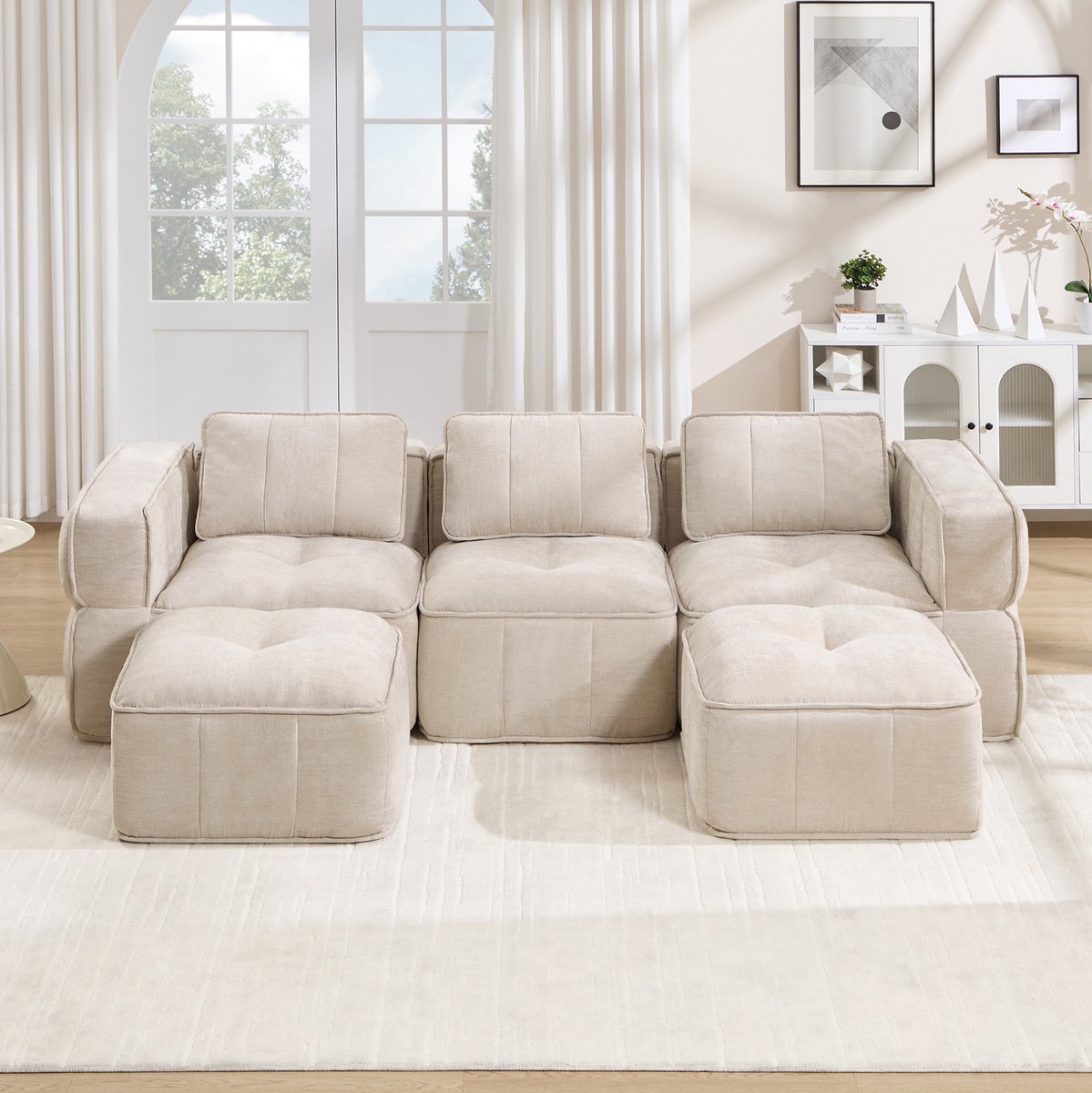 DESMIU Bank - U-Bank 3-Zits 271 Cm - Modulaire Bank Met 2 Hockers, 32D Hoogdicht Schuim, Diepe Zit, Zonder Montage - Woonkamer - Polyester - Beige