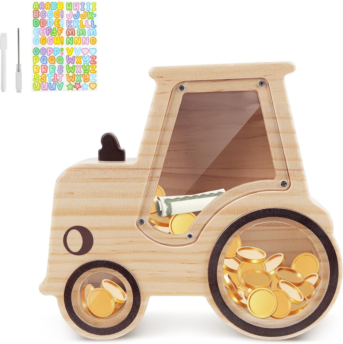 Children's Money Box, Piggy Bank for Children, Money Box with Marker and Stickers, Personalised Wood, Reusable, for - ShopVlot