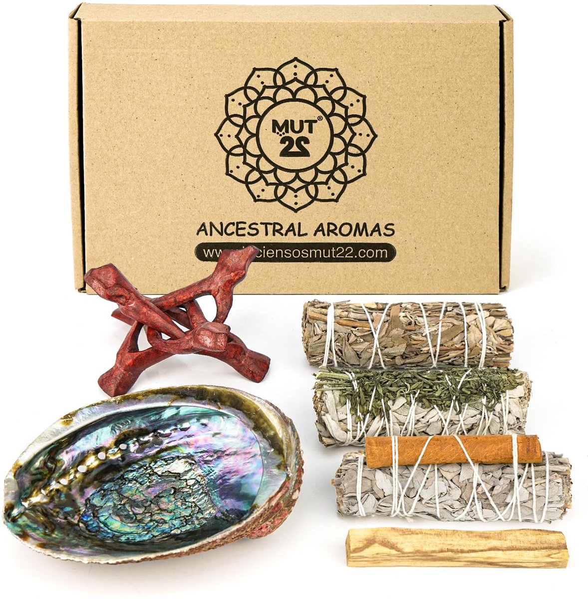 Rookset voor reiniging - Palo Santo, witte salie, woestijnsalie - complete set met statief en Abalone-schaal - ShopVlot