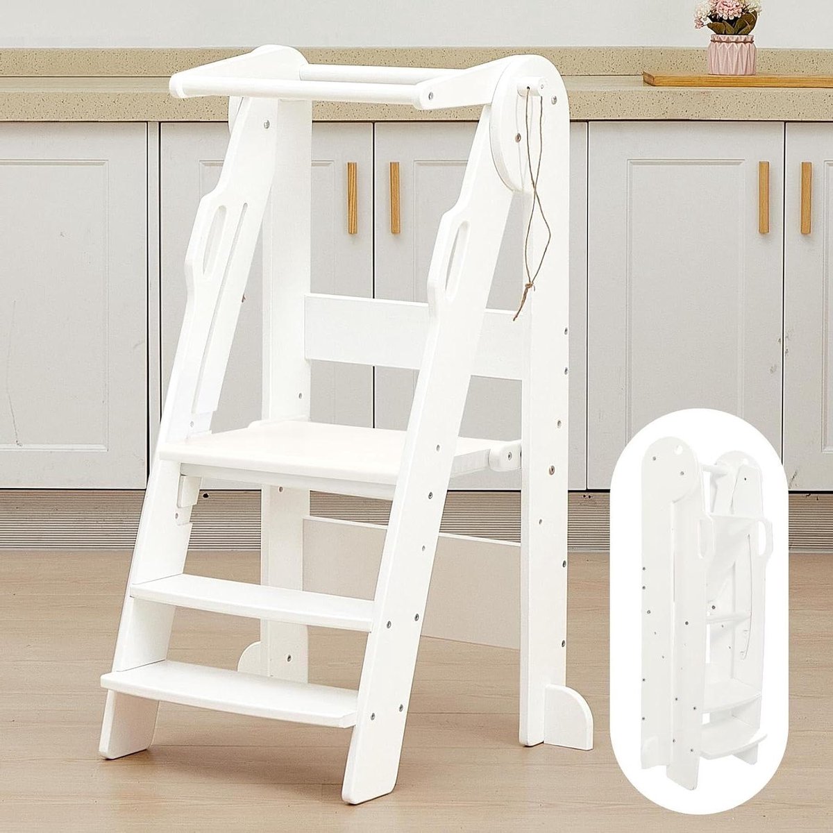 Opvouwbare peuterkruk - Hulpmiddel kinderen - Keuken helpen - 3 Hoogtes verstelbaar - 48.5 cm breed - Wit
